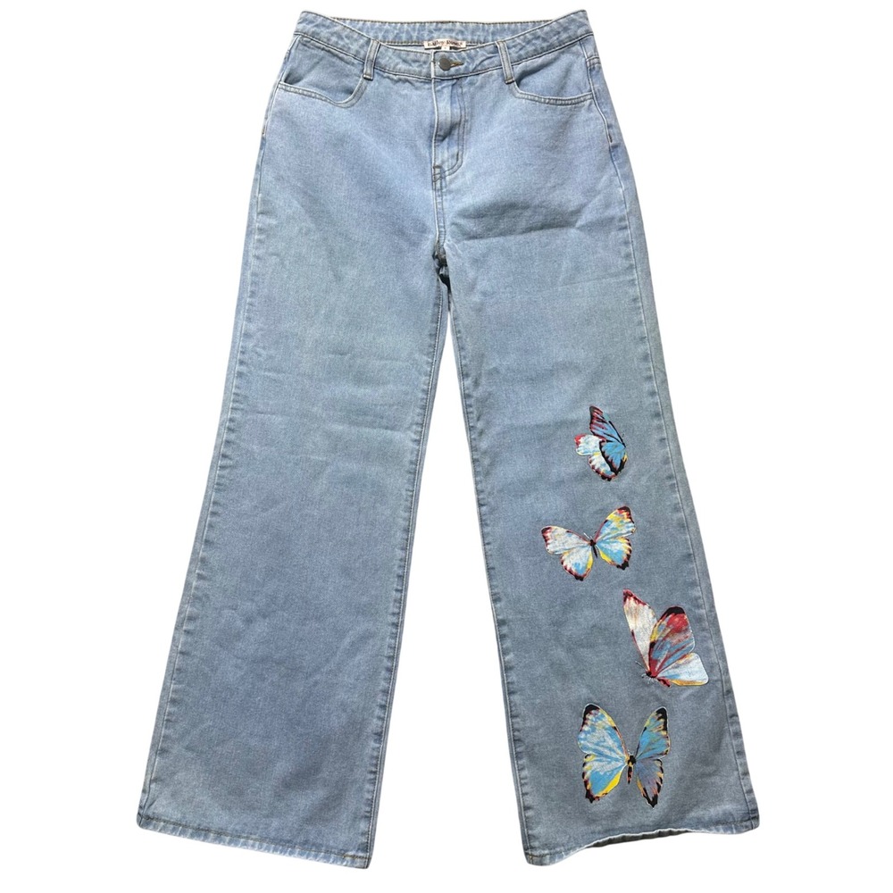 Bailey Rose Wide Leg Jeans Light Wash Butterfly‎ Wearable Art Women's Medium